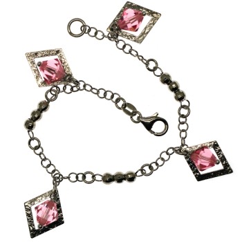NSA|bracciale argento 925 rombi satinati e swarowski rosa o nero AB  18 cm