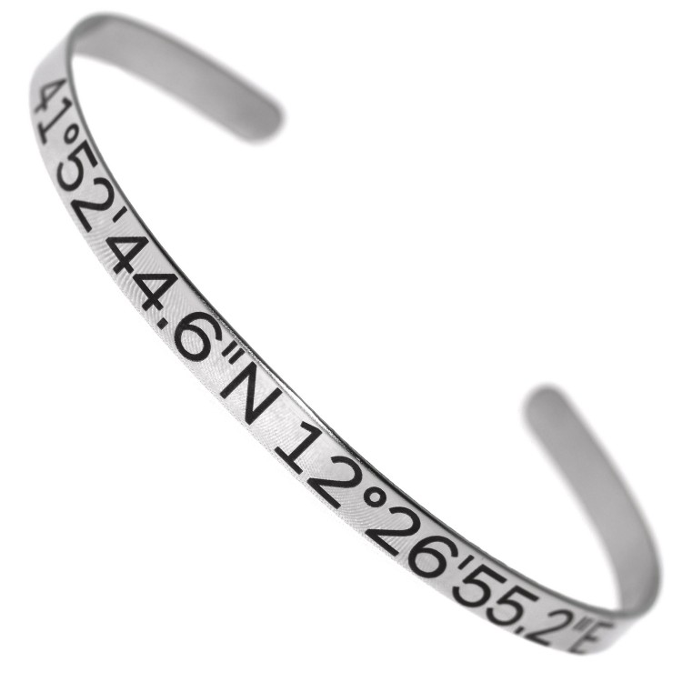 NSA|bracciale rigido aperto acciaio incisione coordinate al laser 5mm uomo NonSoloArgenti