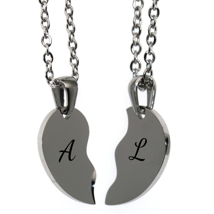 NonSoloArgenti |pair of his and hers broken heart necklaces 2 complete necklaces with free engraving steel