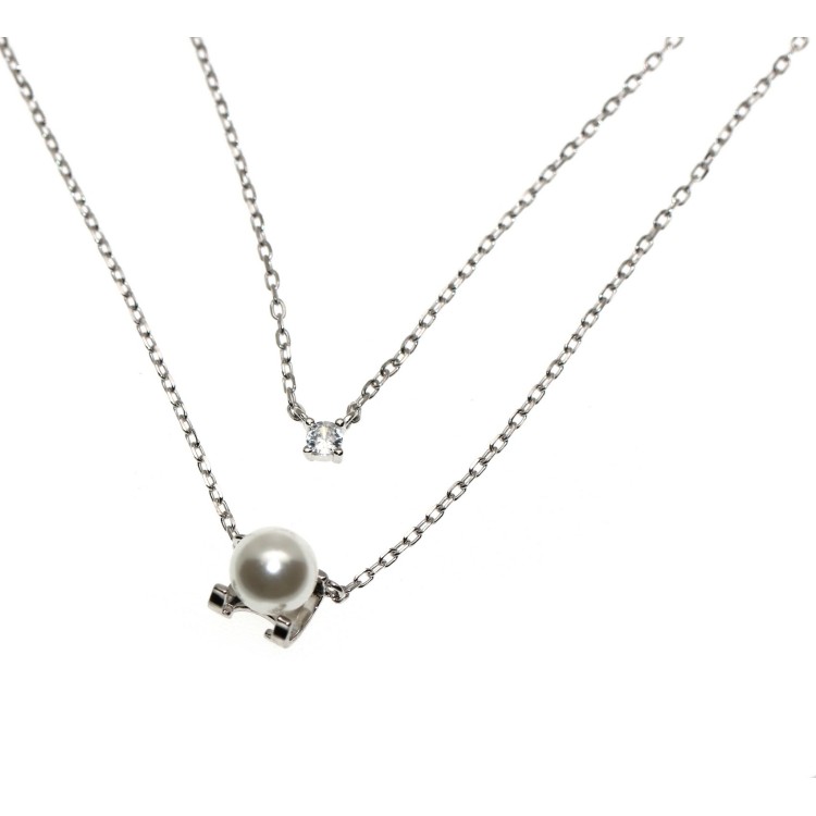 NonSoloArgenti|double necklace all 925 silver with light point and white pearl for women