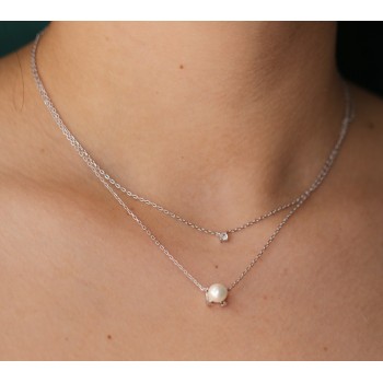 NonSoloArgenti|double necklace all 925 silver with light point and white pearl for women