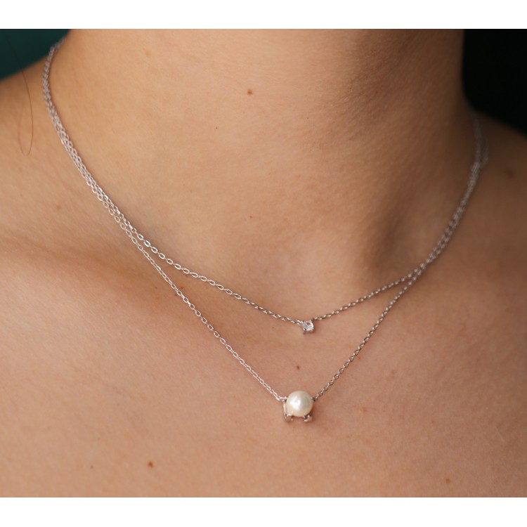 NonSoloArgenti|collana doppia tutto argento 925 punto luce e perla bianca per donna