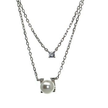 NonSoloArgenti|double necklace all 925 silver with light point and white pearl for women