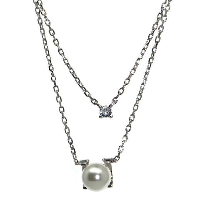 NonSoloArgenti|collana doppia tutto argento 925 punto luce e perla bianca per donna