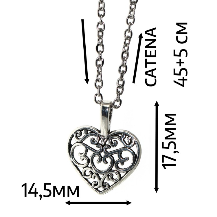 NonSoloArgenti |collana in acciaio con piccolo ciondolo argentato anticato cuore arabesco donna