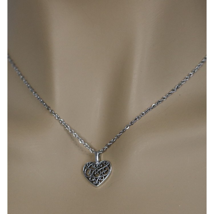 NSA|steel necklace with small antiqued silver arabesque heart pendant for women