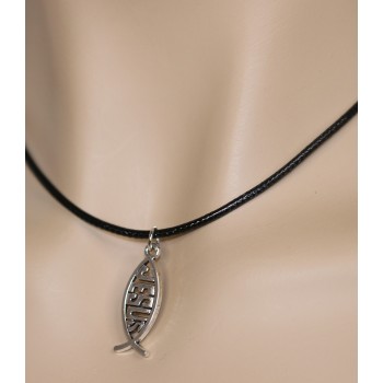 NonSoloArgenti |collana cordino cerato con piccolo ciondolo argento anticato pesce Jesus uomo donna bambino