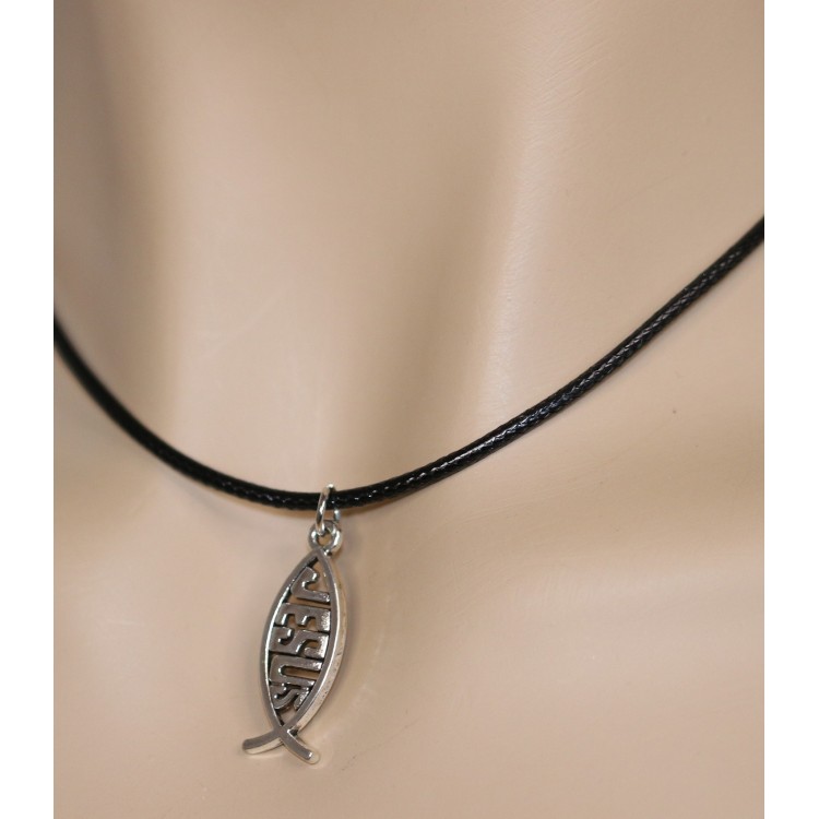 NonSoloArgenti |collana cordino cerato con piccolo ciondolo argento anticato pesce Jesus uomo donna bambino