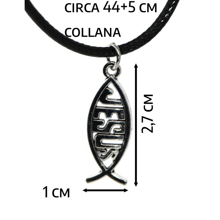 NonSoloArgenti |collana cordino cerato con piccolo ciondolo argento anticato pesce Jesus uomo donna bambino