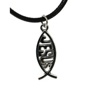 NSA|Waxed cord necklace with small antique silver Jesus fish pendant for men and women