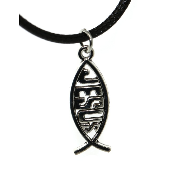 NSA|Waxed cord necklace with small antique silver Jesus fish pendant for men and women