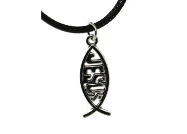NSA|Waxed cord necklace with small antique silver Jesus fish pendant for men and women