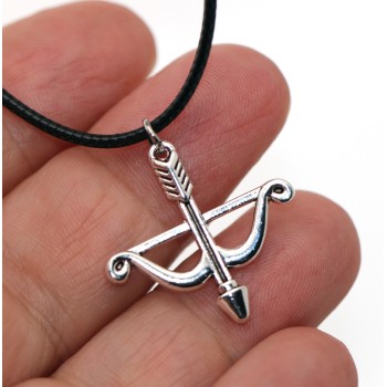 NSA|costume jewelry: waxed cord necklace with antique silver pendant bow arrow cupid love