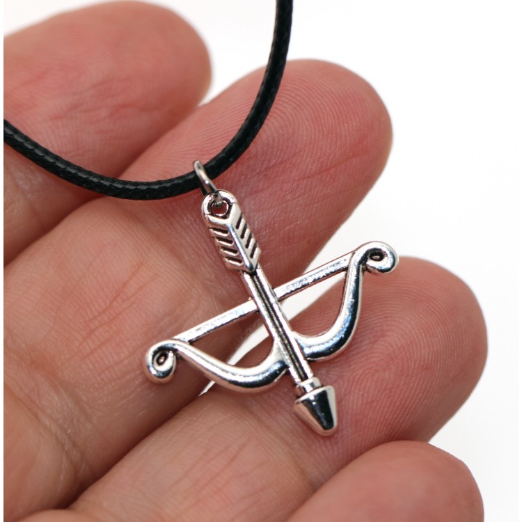NSA|costume jewelry: waxed cord necklace with antique silver pendant bow arrow cupid love