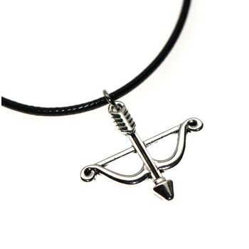 NSA|costume jewelry: waxed cord necklace with antique silver pendant bow arrow cupid love