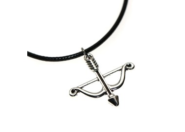 NSA|costume jewelry: waxed cord necklace with antique silver pendant bow arrow cupid love