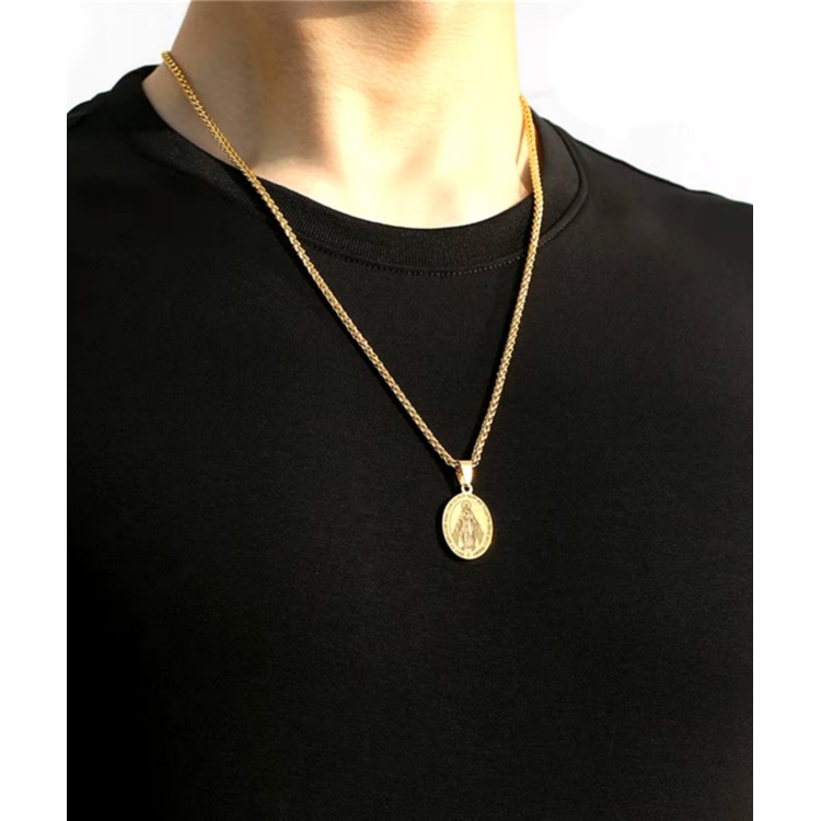 NSA|miraculous madonna necklace all in steel yellow gold tone silver man