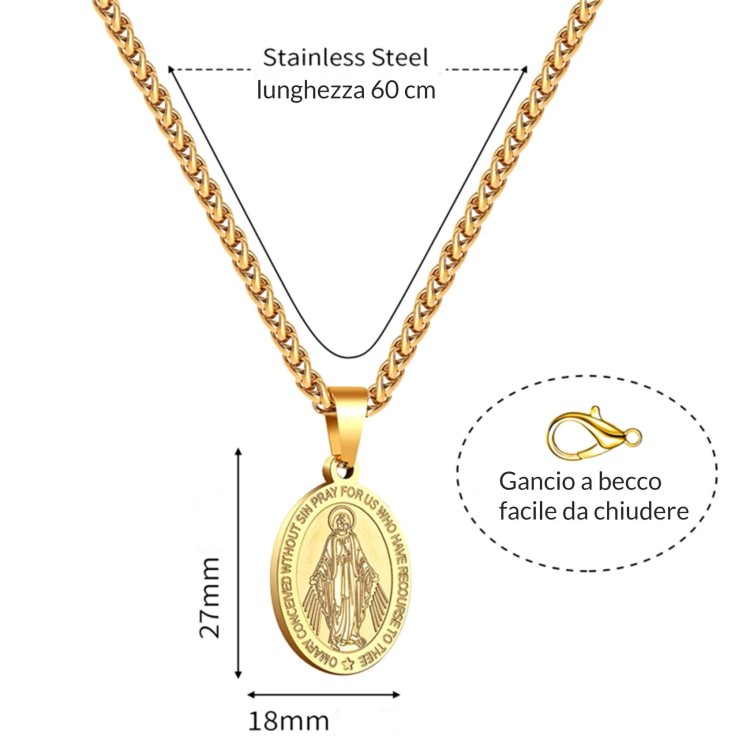 NSA|miraculous madonna necklace all in steel yellow gold tone silver man