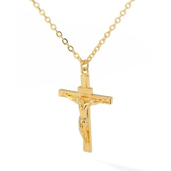 NSA|collana crocefisso gesu' uomo donna acciaio placcata oro giallo cristiana