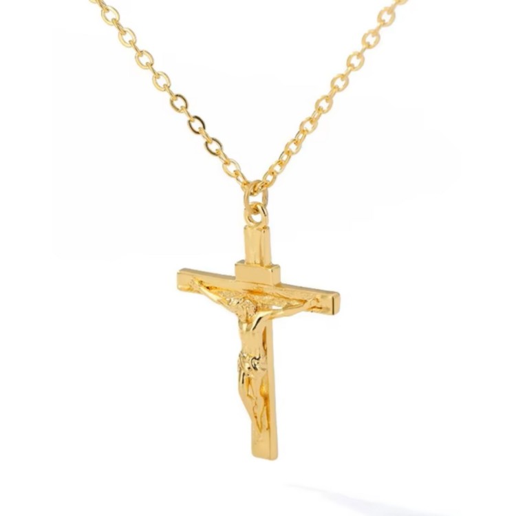 NSA|collana crocefisso gesu' uomo donna acciaio placcata oro giallo cristiana
