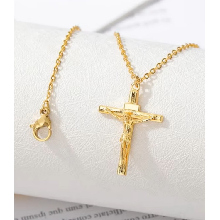 NSA|collana crocefisso gesu' uomo donna acciaio placcata oro giallo cristiana
