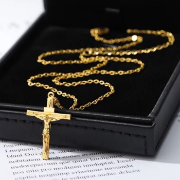 NSA|necklace crucifix jesus all in steel man woman yellow gold plated