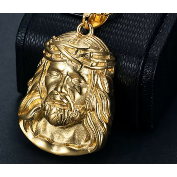 NonSoloArgenti|collana hip hop acciaio volto di gesu Cristo grande placcata oro giallo uomo