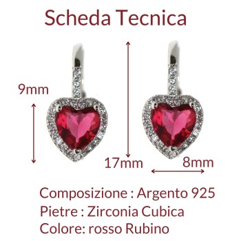 NonSoloArgenti|Silver 925: red ruby ​​and white heart zirconia ear stud earrings for women