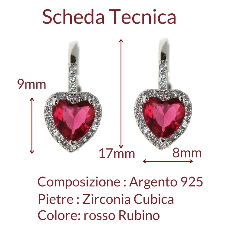 NonSoloArgenti|Argento 925 : orecchini monachella zircone cuore rosso rubino e bianco donna marca NALBORI made in Italy