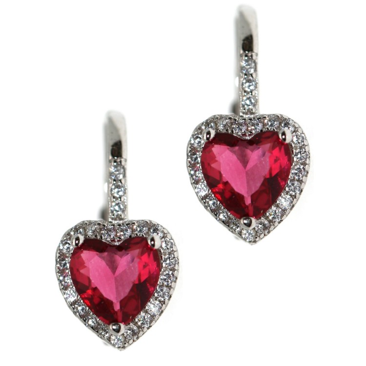 NonSoloArgenti|Silver 925: red ruby ​​and white heart zirconia ear stud earrings for women