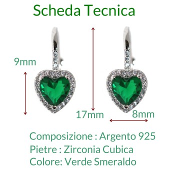 NonSoloArgenti|925 Silver: emerald green and white heart zirconia stud earrings for women