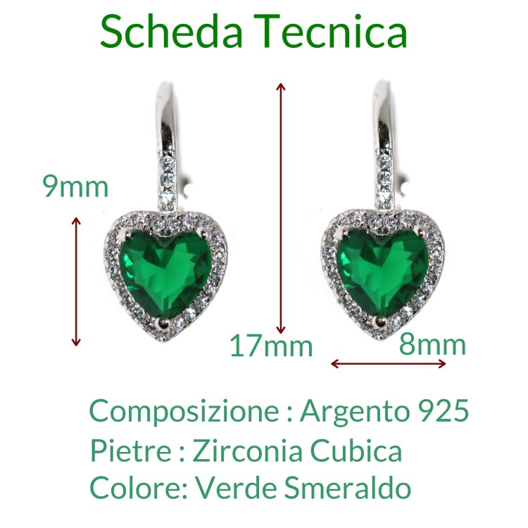 NonSoloArgenti|925 Silver: emerald green and white heart zirconia stud earrings for women