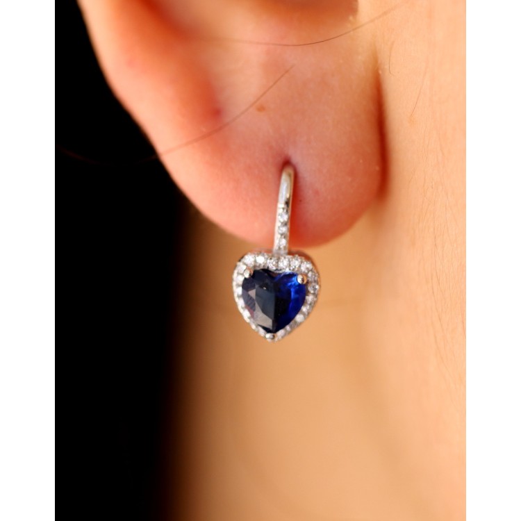 NonSoloArgenti|Silver 925: zirconia heart earring, blue sapphire and white woman