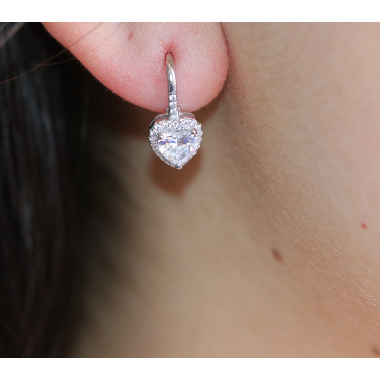 NonSoloArgenti|Silver 925: white brilliant heart zirconia ear stud earrings for women