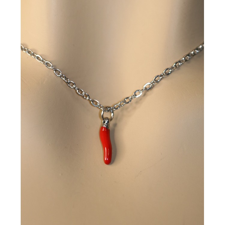 NonSoloArgenti |All steel necklace with small red enameled horn man woman