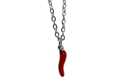 NonSoloArgenti |All steel necklace with small red enameled horn man woman
