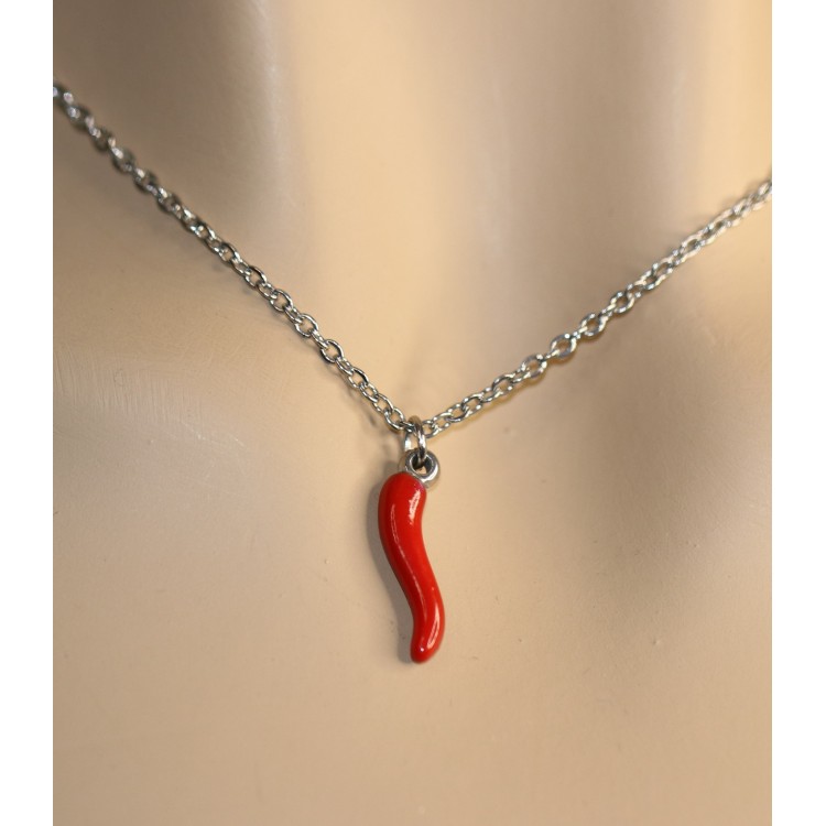 NonSoloArgenti |All steel necklace with large red enameled horn man woman