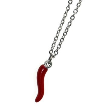 NonSoloArgenti|Collana tutto acciaio con cornetto smaltato rosso grande uomo donna