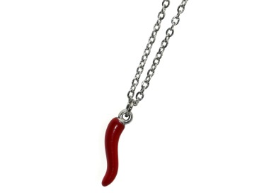 NonSoloArgenti|Collana tutto acciaio con cornetto smaltato rosso grande uomo donna