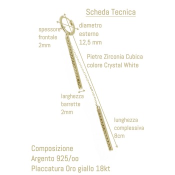 NonSoloArgenti|long earring 925 silver bars zirconia and chains plated yellow gold
