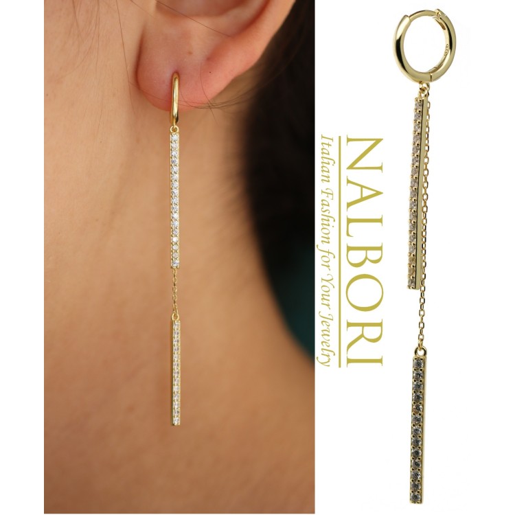 NonSoloArgenti|lungo orecchino argento 925 barrette zirconi e catenelle placcati oro giallo