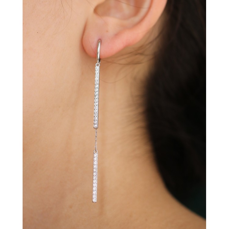 NonSoloArgenti|lungo orecchino argento 925 barrette zirconi e catenelle rodiato effetto oro bianco