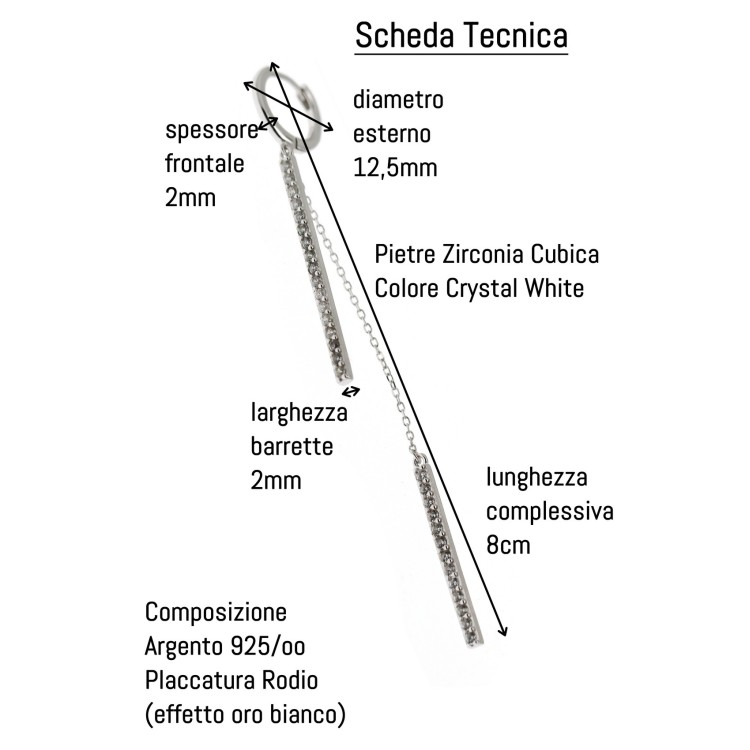 NonSoloArgenti|long earring 925 silver bars zirconia and chains rhodium-plated white gold effect