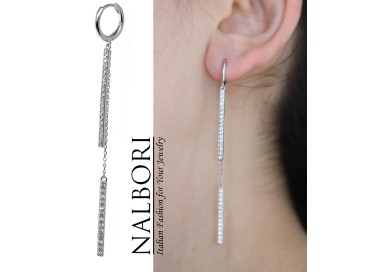 NonSoloArgenti|lungo orecchino argento 925 barrette zirconi e catenelle rodiato effetto oro bianco