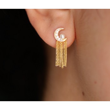 NonSoloArgenti|orecchini tutto argento 925 mezza luna perle e catenelle placcati oro giallo donna