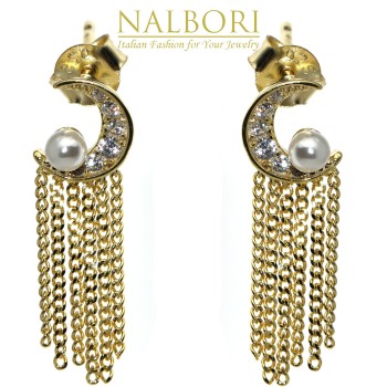 NonSoloArgenti|orecchini tutto argento 925 mezza luna perle e catenelle placcati oro giallo donna