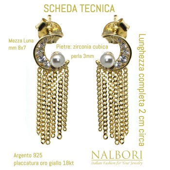 NonSoloArgenti|orecchini tutto argento 925 mezza luna perle e catenelle placcati oro giallo donna