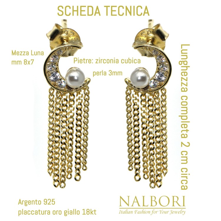NonSoloArgenti|earrings all 925 silver half moon pearls and chains yellow gold plated women