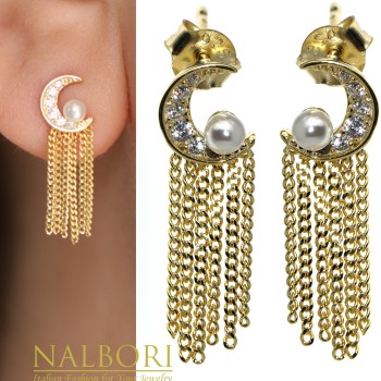 NonSoloArgenti|orecchini tutto argento 925 mezza luna perle e catenelle placcati oro giallo donna