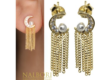 NonSoloArgenti|earrings all 925 silver half moon pearls and chains yellow gold plated women